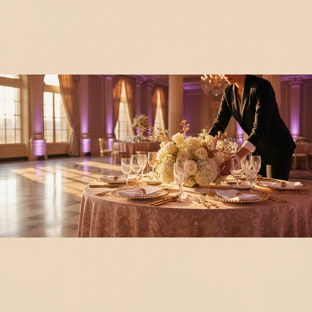 Professional event planning setup with elegant table arrangements and decorations in London venue
